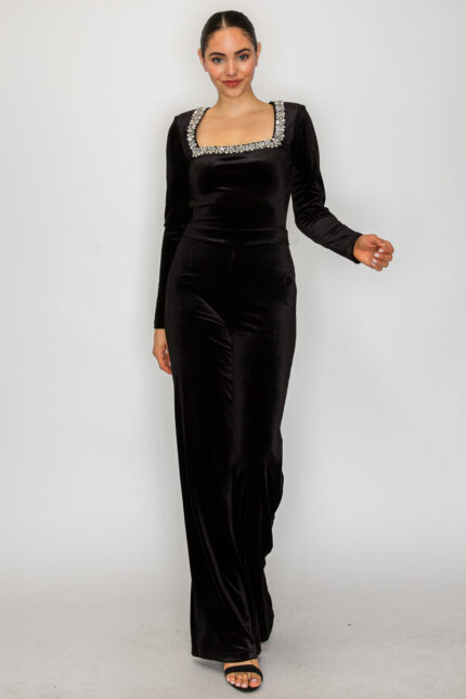 Velvety Square Rhinestone Jumpsuit
