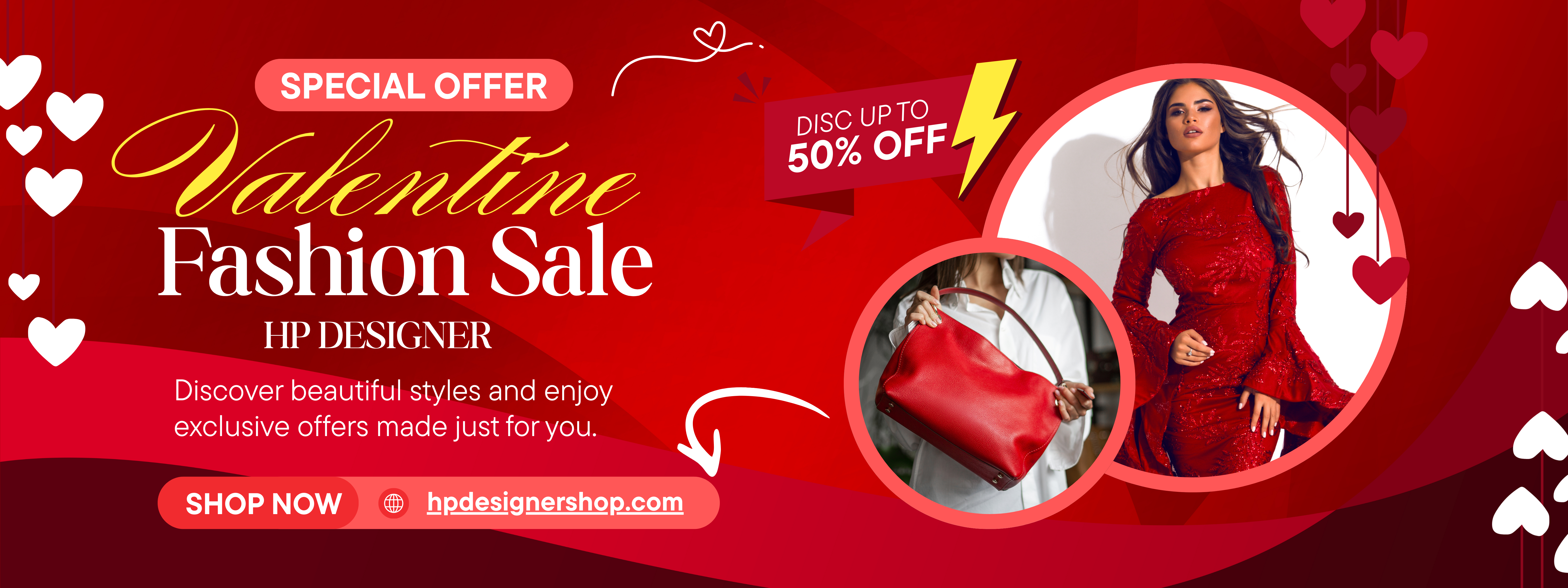 Red and White Modern Valentine Day Promotion Banner (1600 x 600 mm)